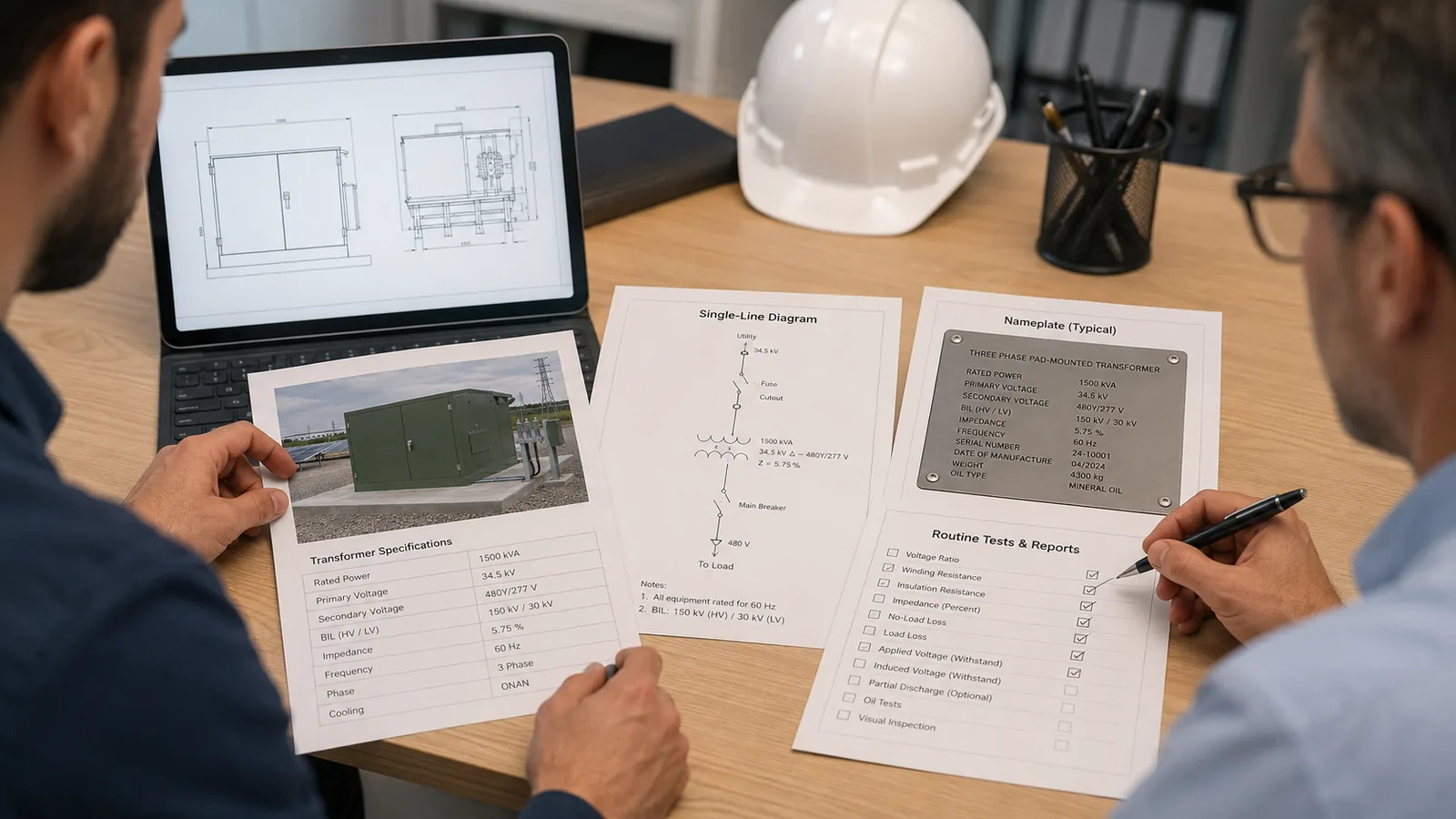 Engineers reviewing pad-mounted transformer BIL impedance single-line diagram nameplate and test checklist before RFQ