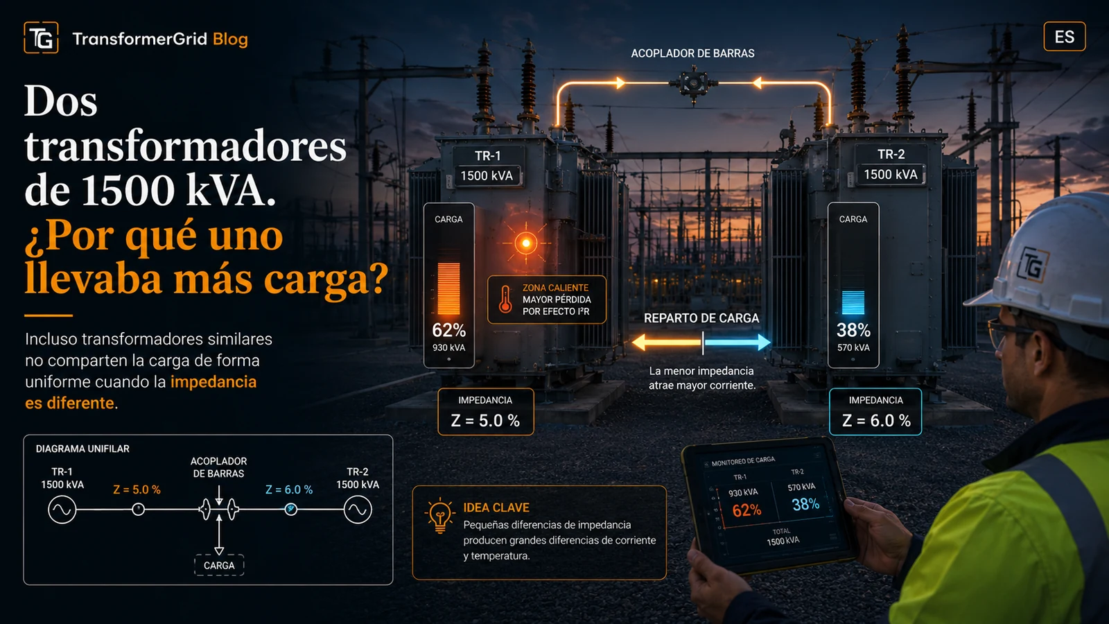Dos transformadores de 1500 kVA. ¿Por qué uno llevaba más carga?