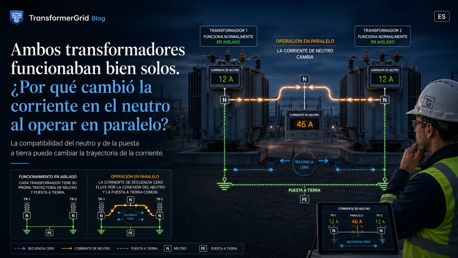 Ambos transformadores funcionaban bien solos. ¿Por qué cambió la corriente de neutro en paralelo?