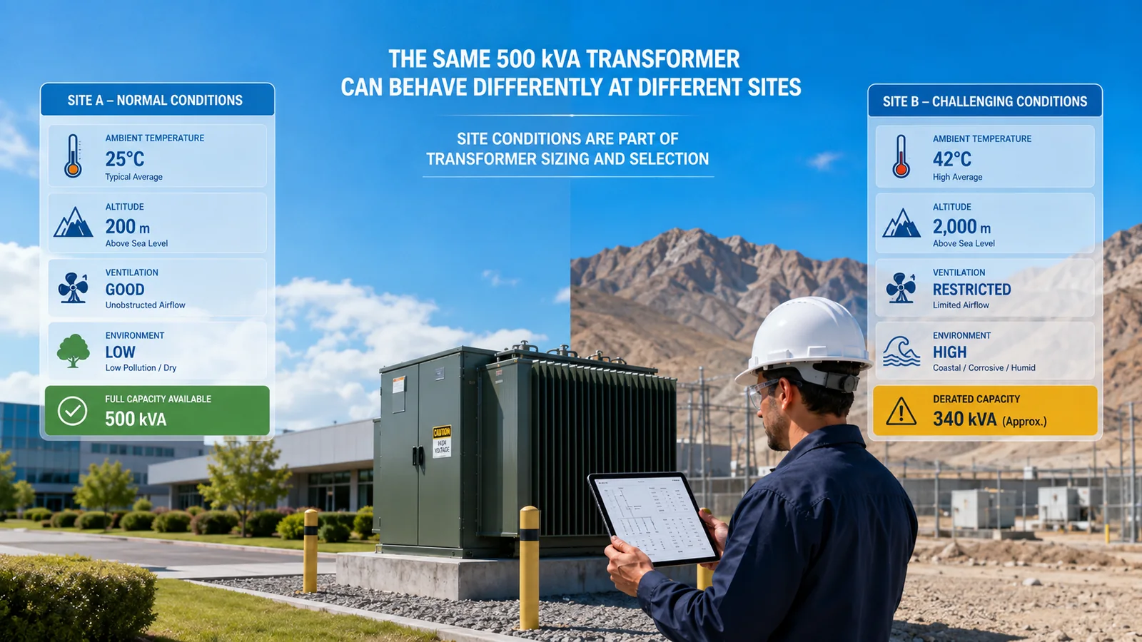 Same transformer rating shown under different ambient temperature altitude and ventilation conditions