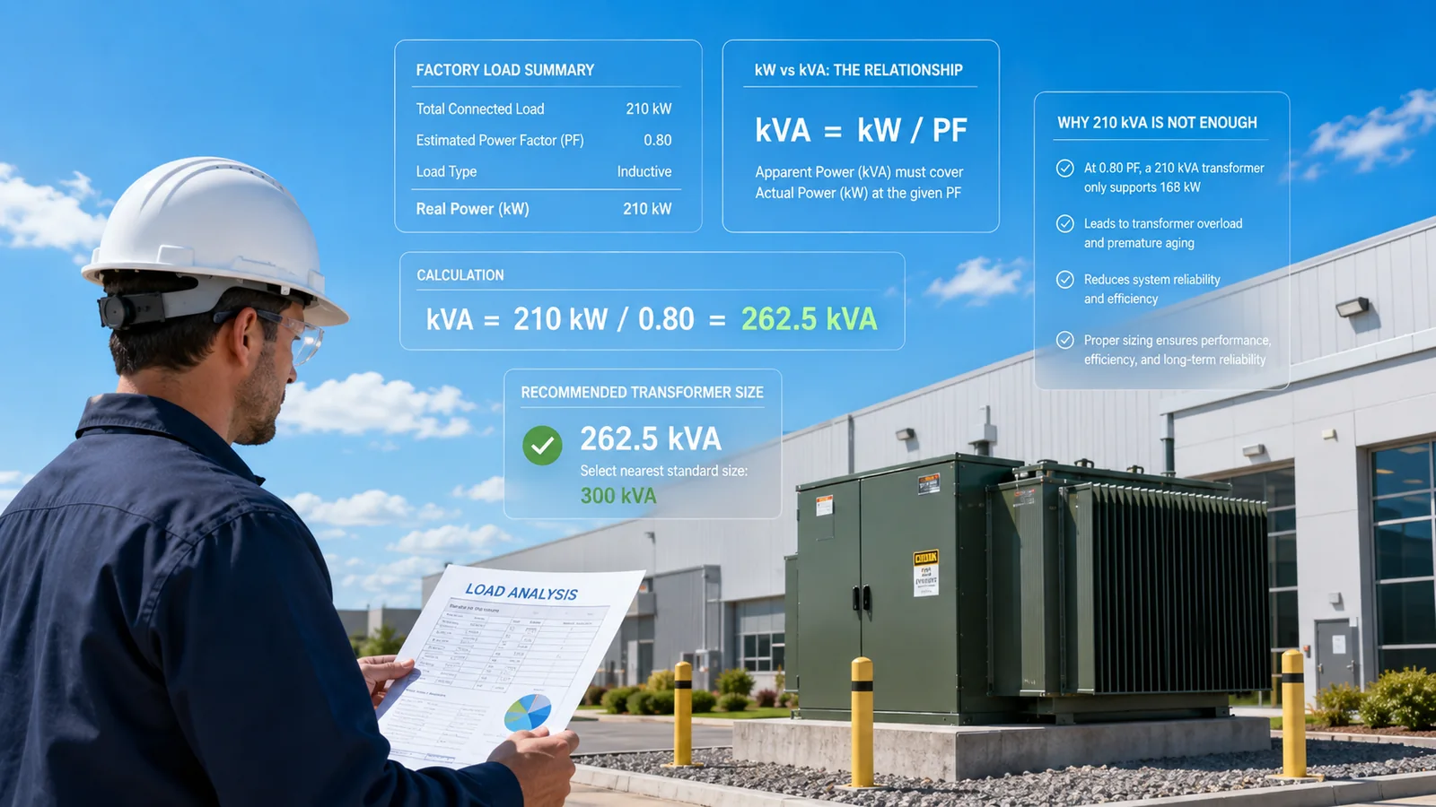 Illustrative kW to kVA transformer sizing review using power factor