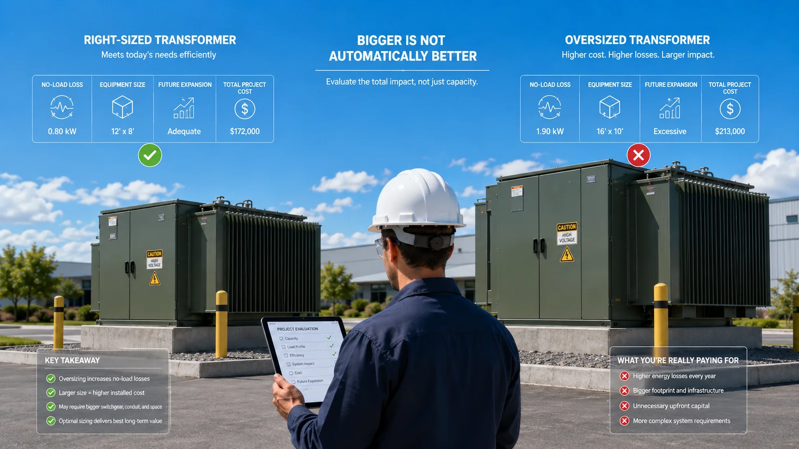 Right-sized and oversized transformers compared for procurement decision-making