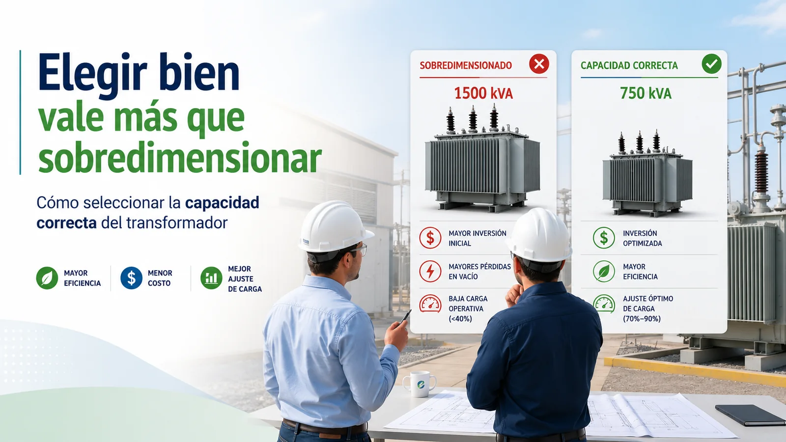 Comparación conceptual entre un transformador correctamente dimensionado y uno sobredimensionado