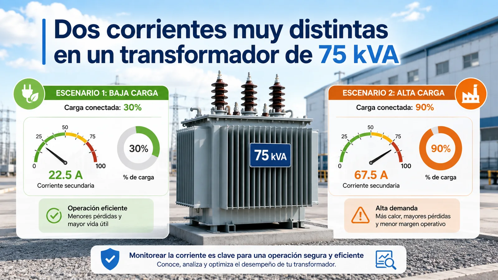 Comparación ilustrativa de corriente para un transformador de 75 kVA bajo diferentes tensiones y configuraciones