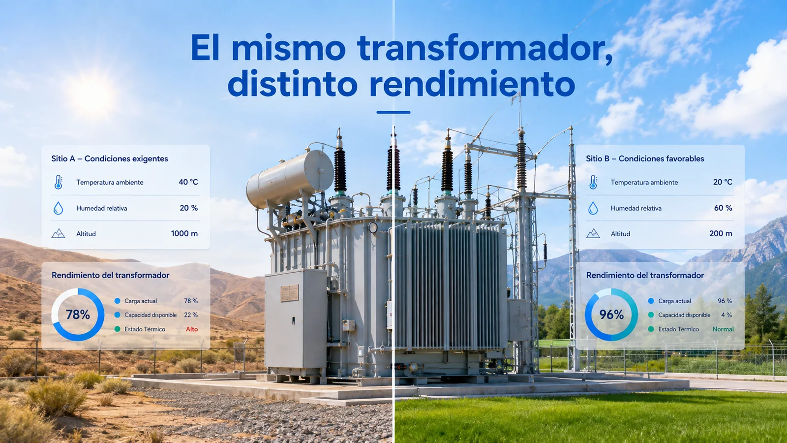 Mismo transformador mostrado bajo diferentes condiciones de temperatura altitud y ambiente