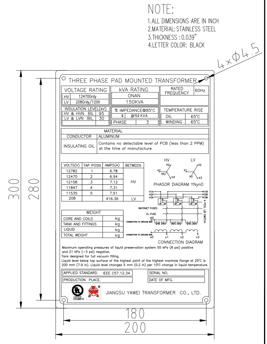 Placa de datos de un transformador tipo pad-mounted con grupo vectorial, relación de tensión e impedancia de cortocircuito. Placa de datos de un transformador tipo pad-mounted con grupo vectorial, relación de tensión e impedancia de cortocircuito.