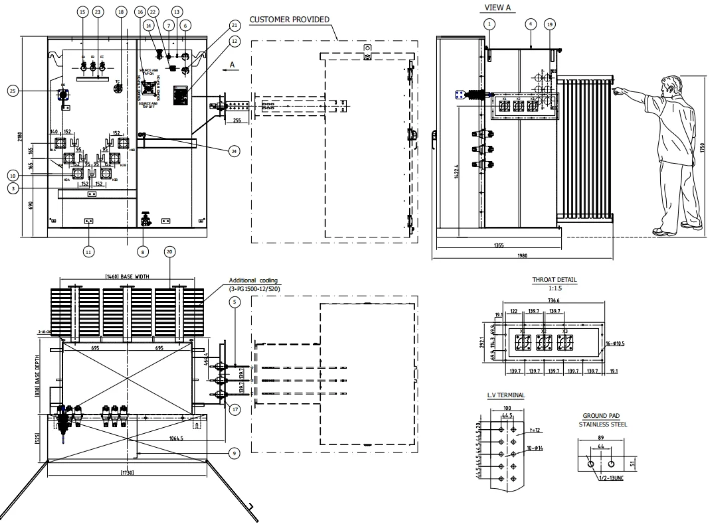 Plano dimensional de transformador tipo pad-mounted con layout de terminales, entrada de cables y base de concreto. Plano dimensional de transformador tipo pad-mounted con layout de terminales, entrada de cables y base de concreto.