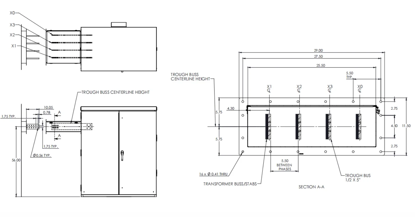 Pad-mounted transformer low-voltage terminal busbar drawing showing X0 X1 X2 and X3 connections