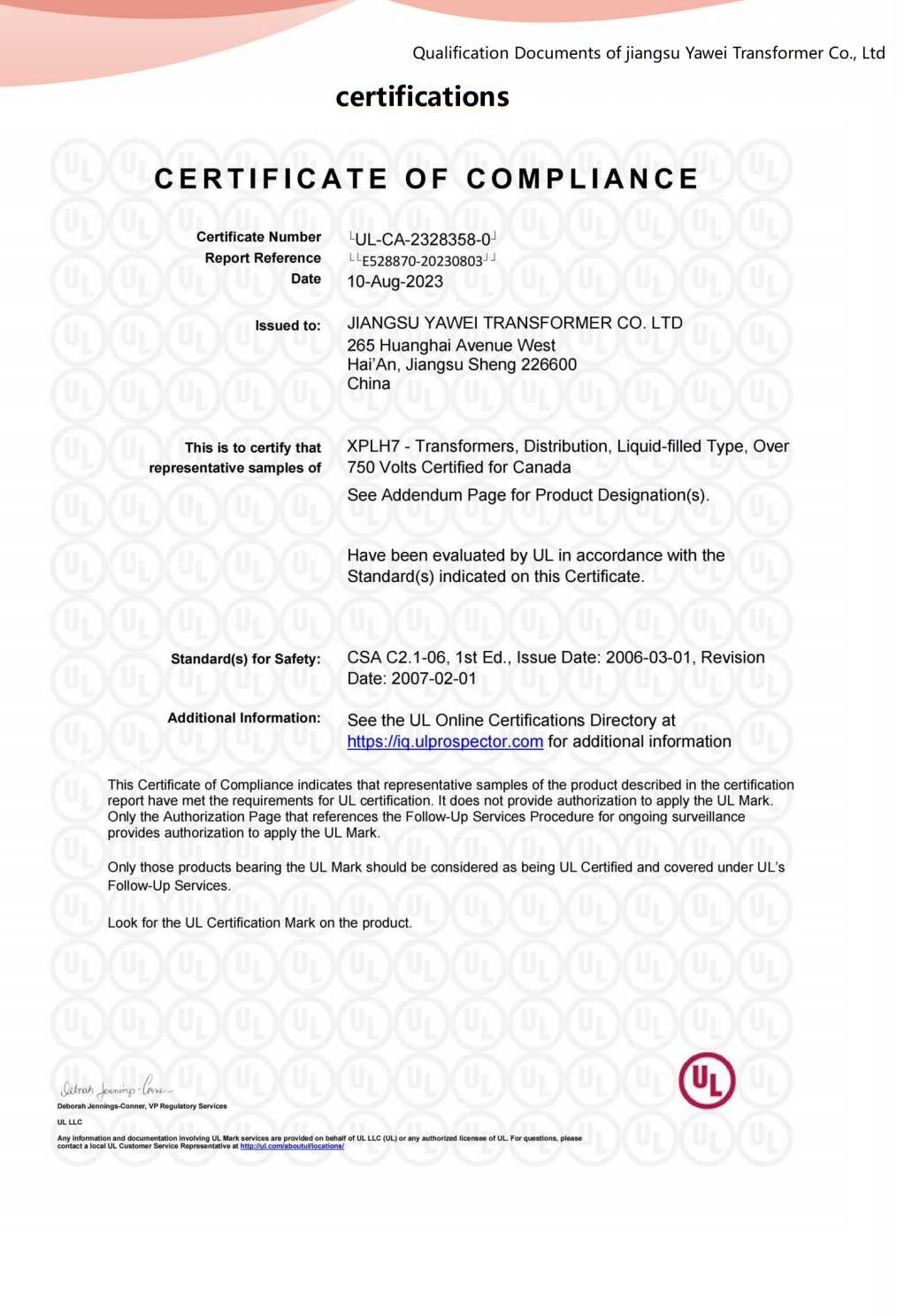 Yawei UL compliance certificate for liquid-filled distribution transformer over 750 volts certified for Canada
