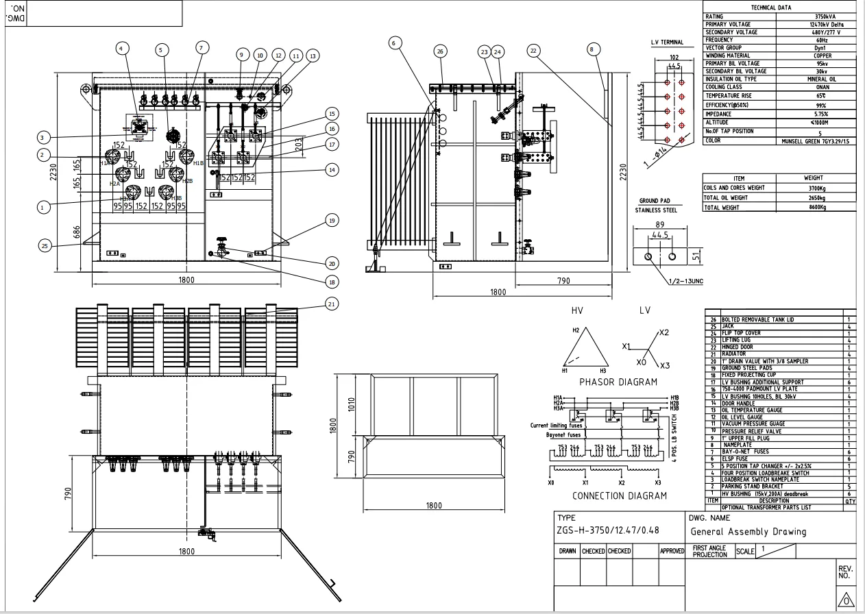 Plano general de transformador pad-mounted con dimensiones y disposición de compartimientos