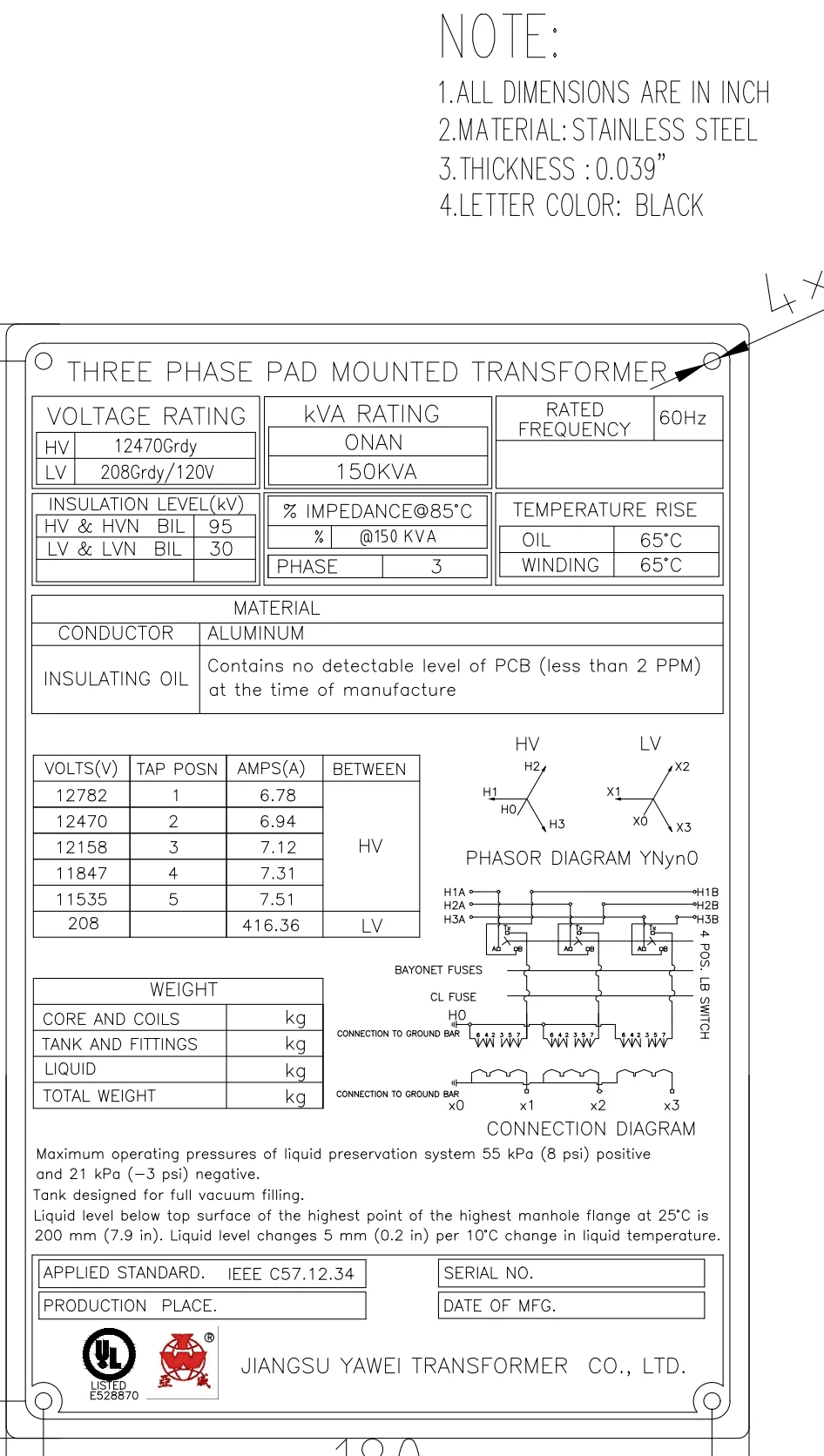 Plano de placa de transformador pad-mounted con BIL impedancia y grupo vectorial