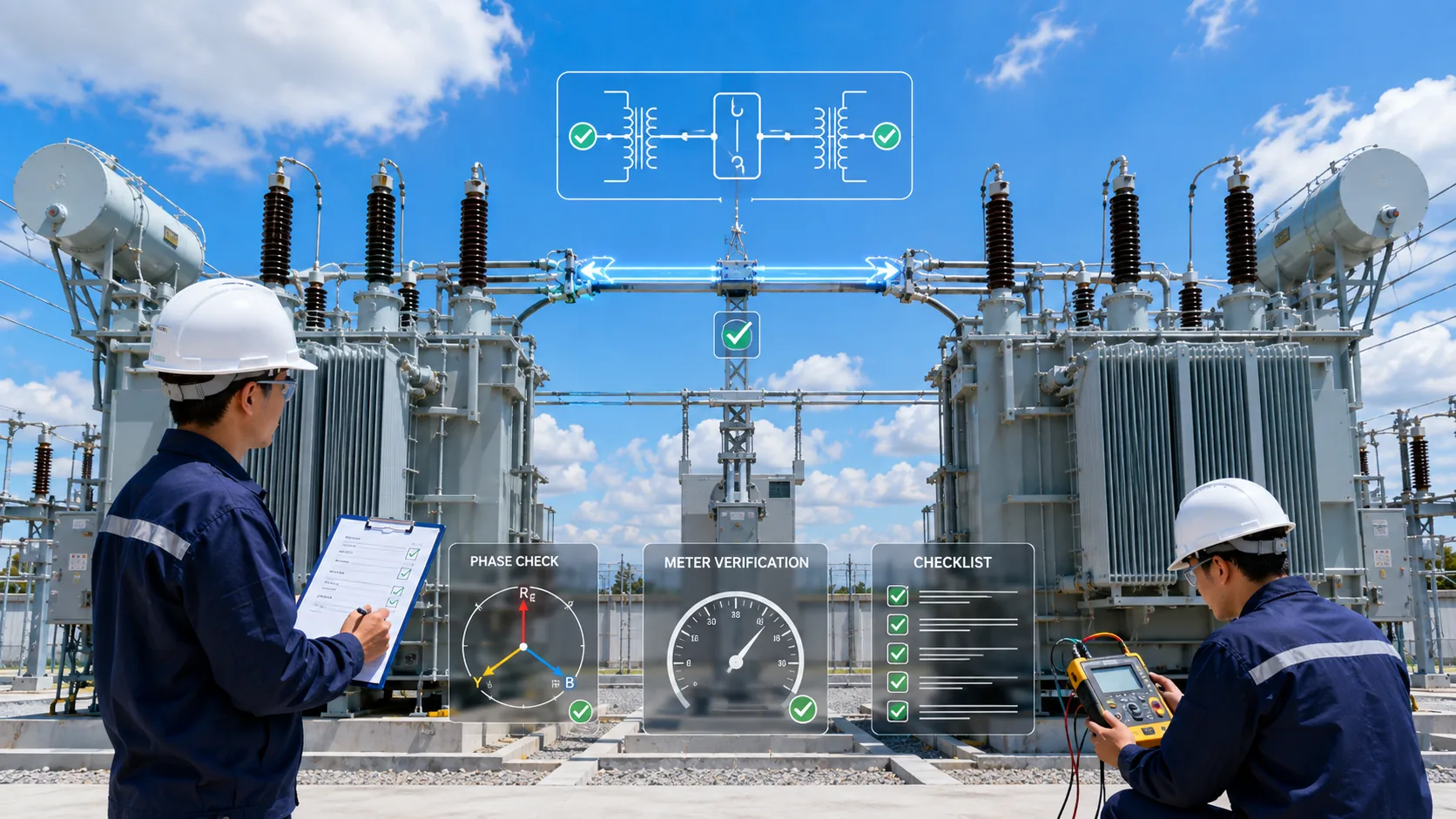 Ingenieros de commissioning verificando dos transformadores, relación de fase y condiciones del acoplador bajo cielo despejado