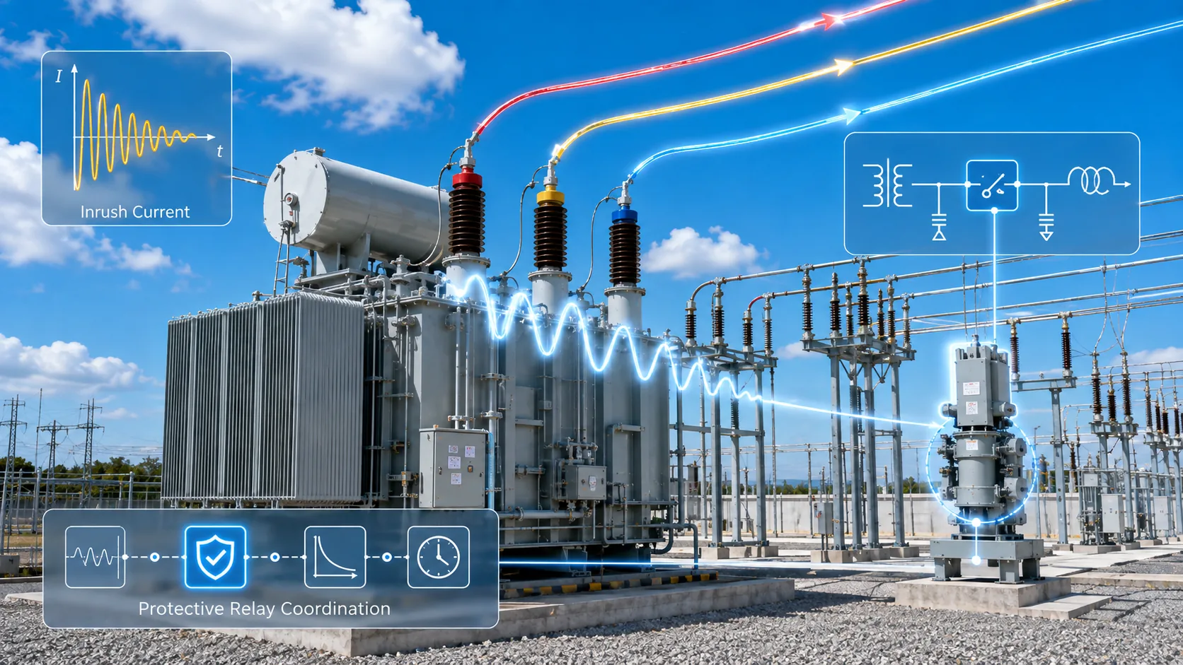 Energización de un transformador con forma de onda ilustrada de corriente de irrupción y coordinación de relés