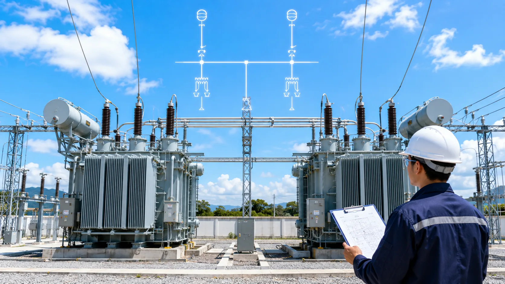 Dos transformadores de potencia preparados para operar en paralelo sobre una barra común bajo cielo azul