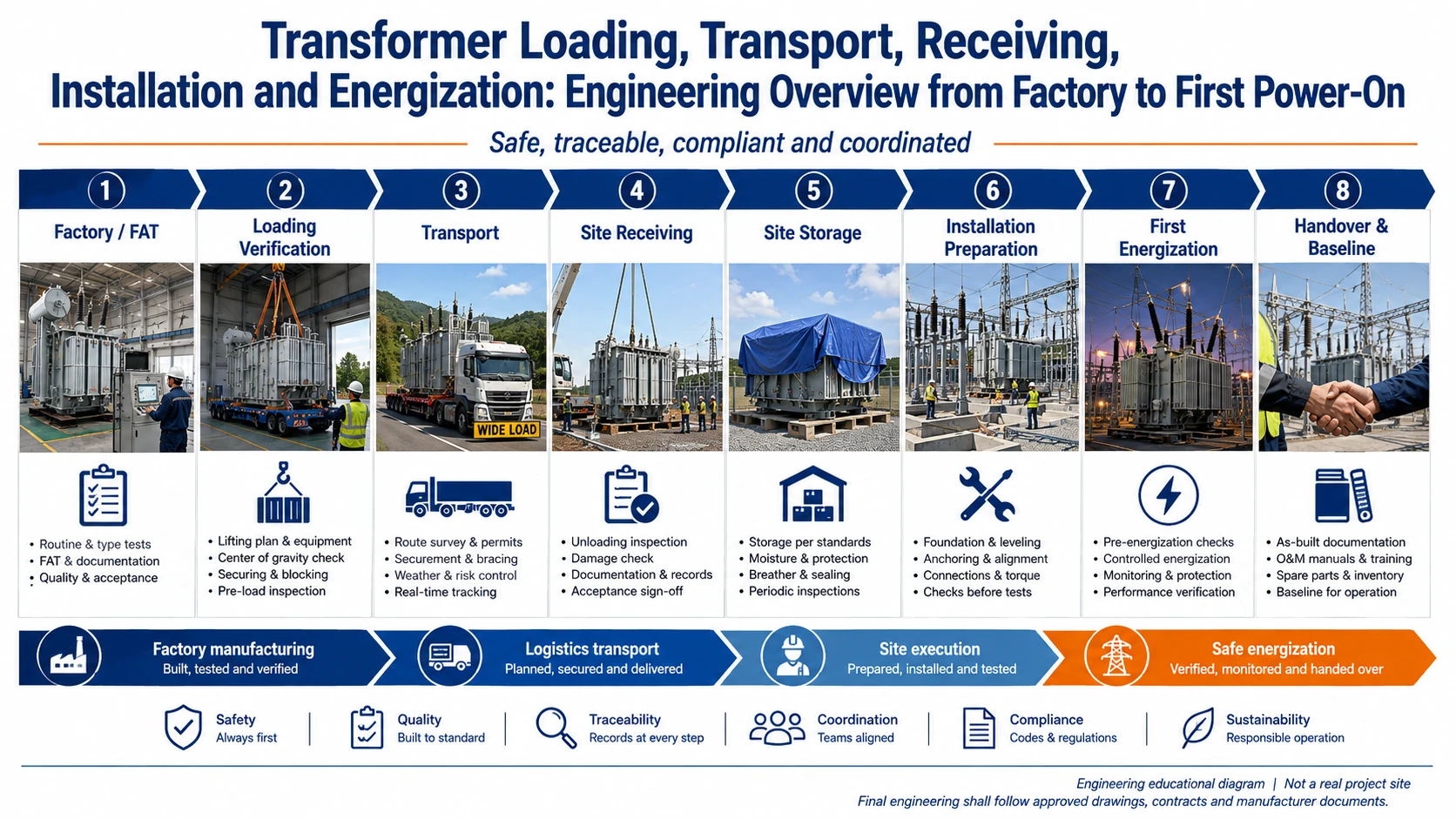 Transformer loading, transport, receiving, storage, installation and first energization engineering lifecycle infographic