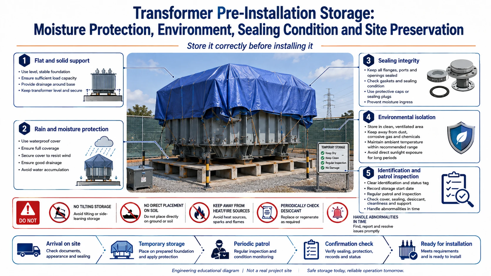 Transformer pre-installation storage infographic showing moisture protection, sealing, environmental isolation and periodic patrol inspection