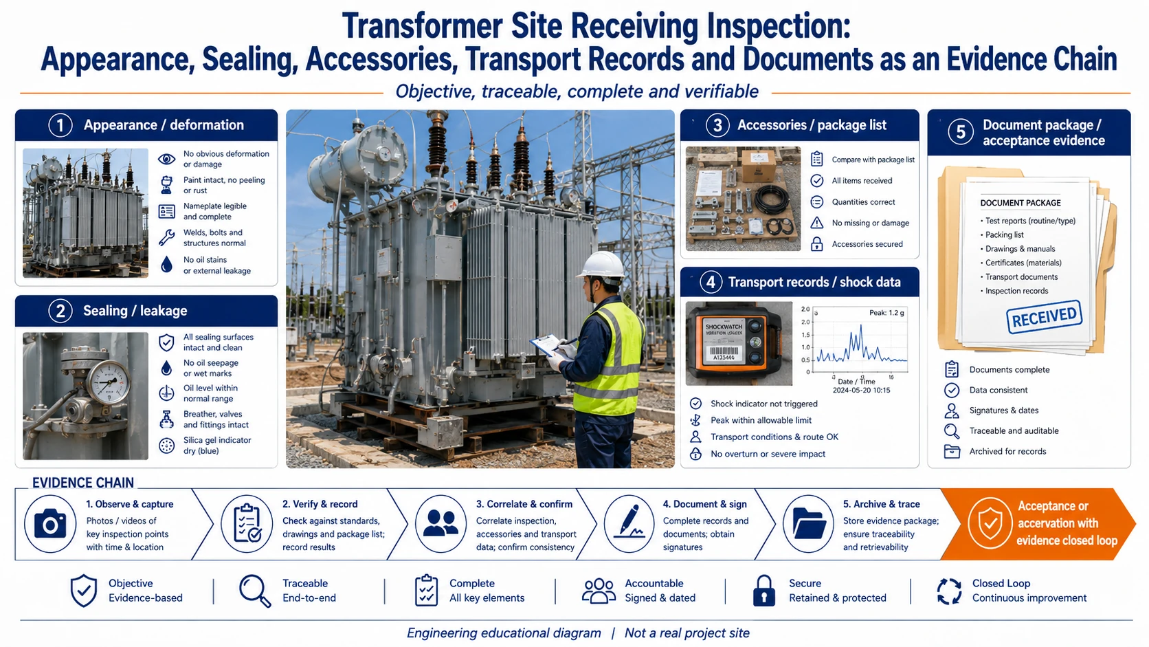 Transformer site receiving inspection infographic showing appearance, sealing, accessories, transport records and acceptance evidence chain