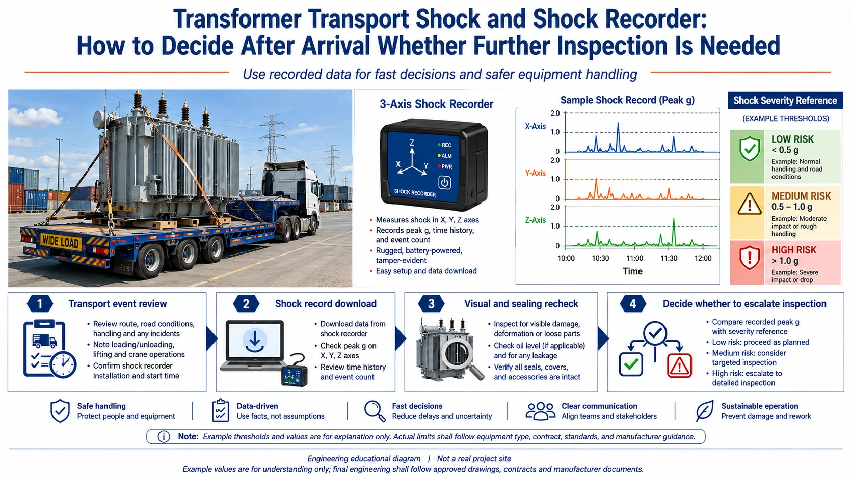 Transformer transport shock recorder infographic showing shipment, three-axis shock data, arrival inspection and escalation decision process