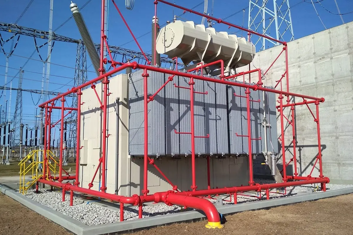 Outdoor power transformer with fire protection and clearance planning reference