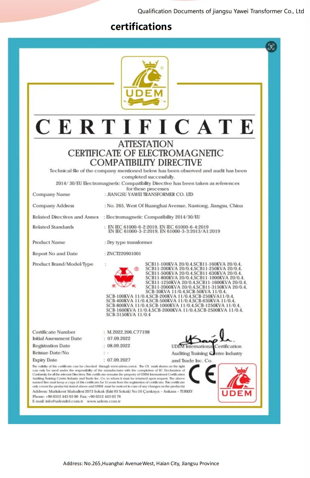 Yawei dry type transformer EMC certificate for SCB11 series with CE mark and 2027 validity