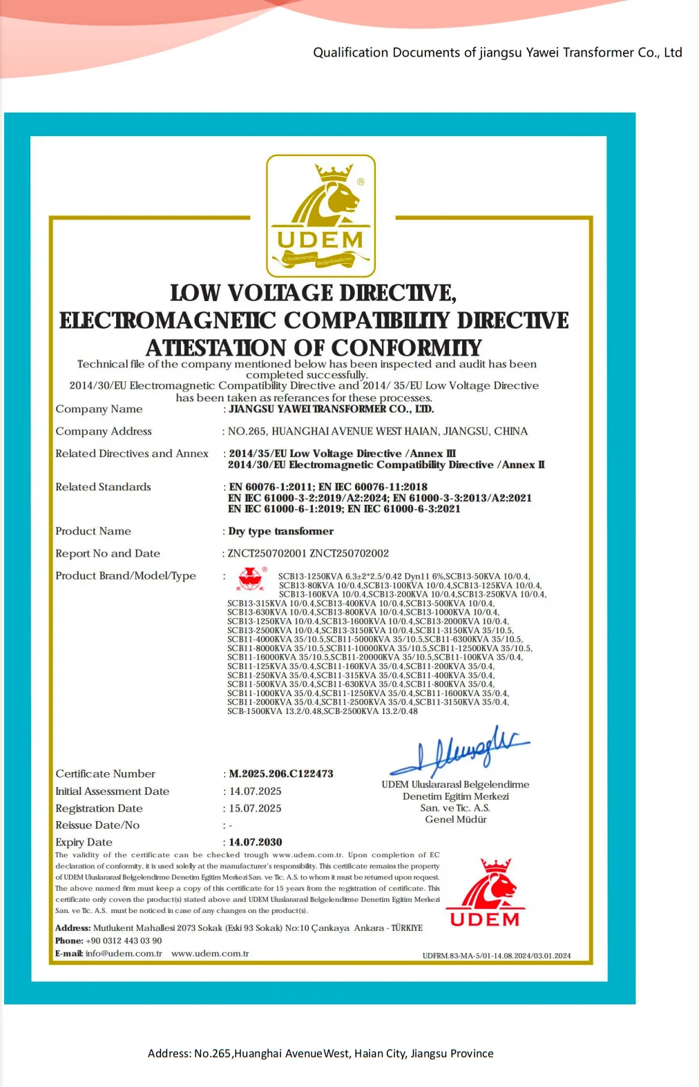 Yawei dry type transformer LVD and EMC attestation for wide range SCB series models through 2030