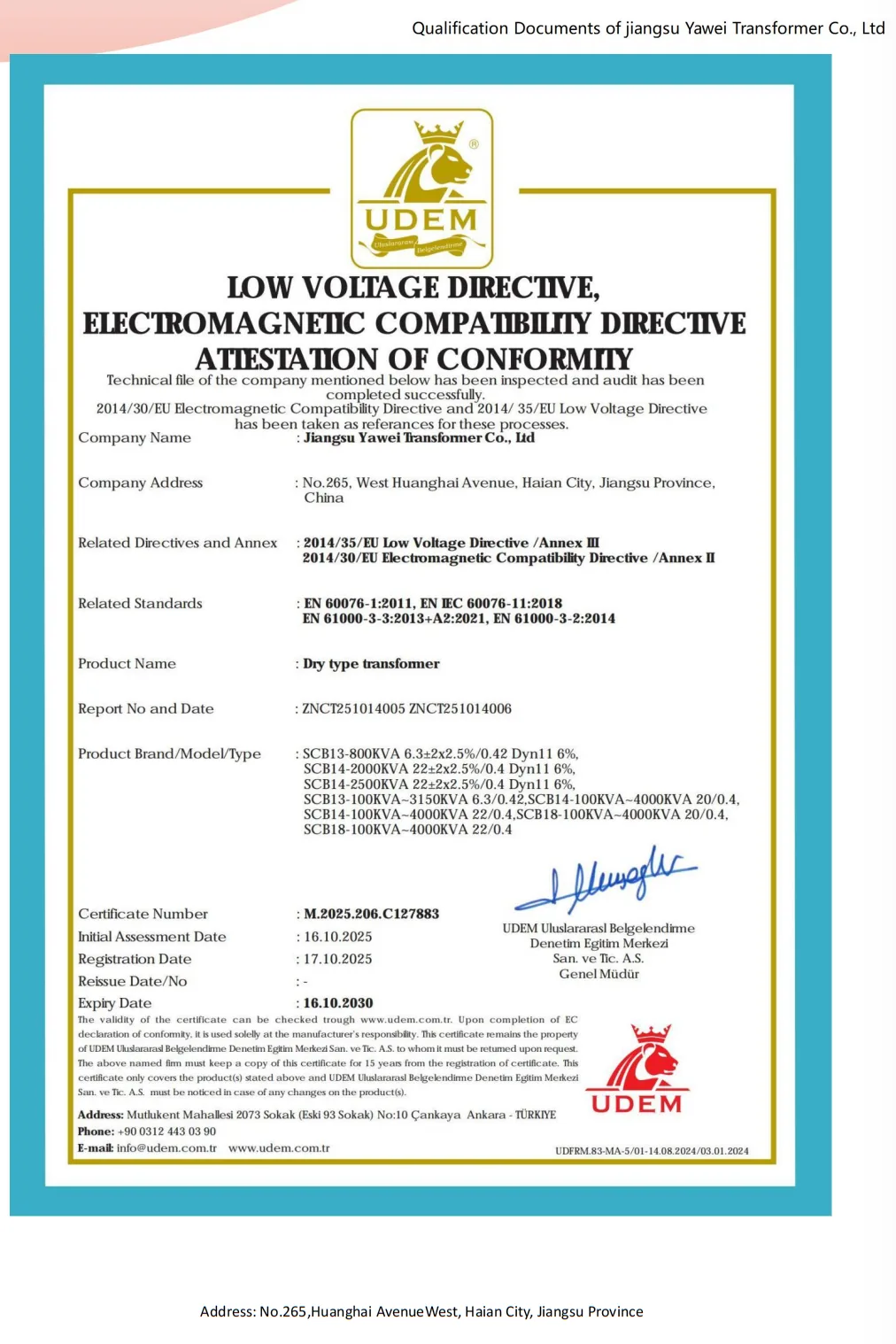 Yawei dry type transformer LVD and EMC attestation covering SCB13, SCB14 and SCB18 series for buyer document review