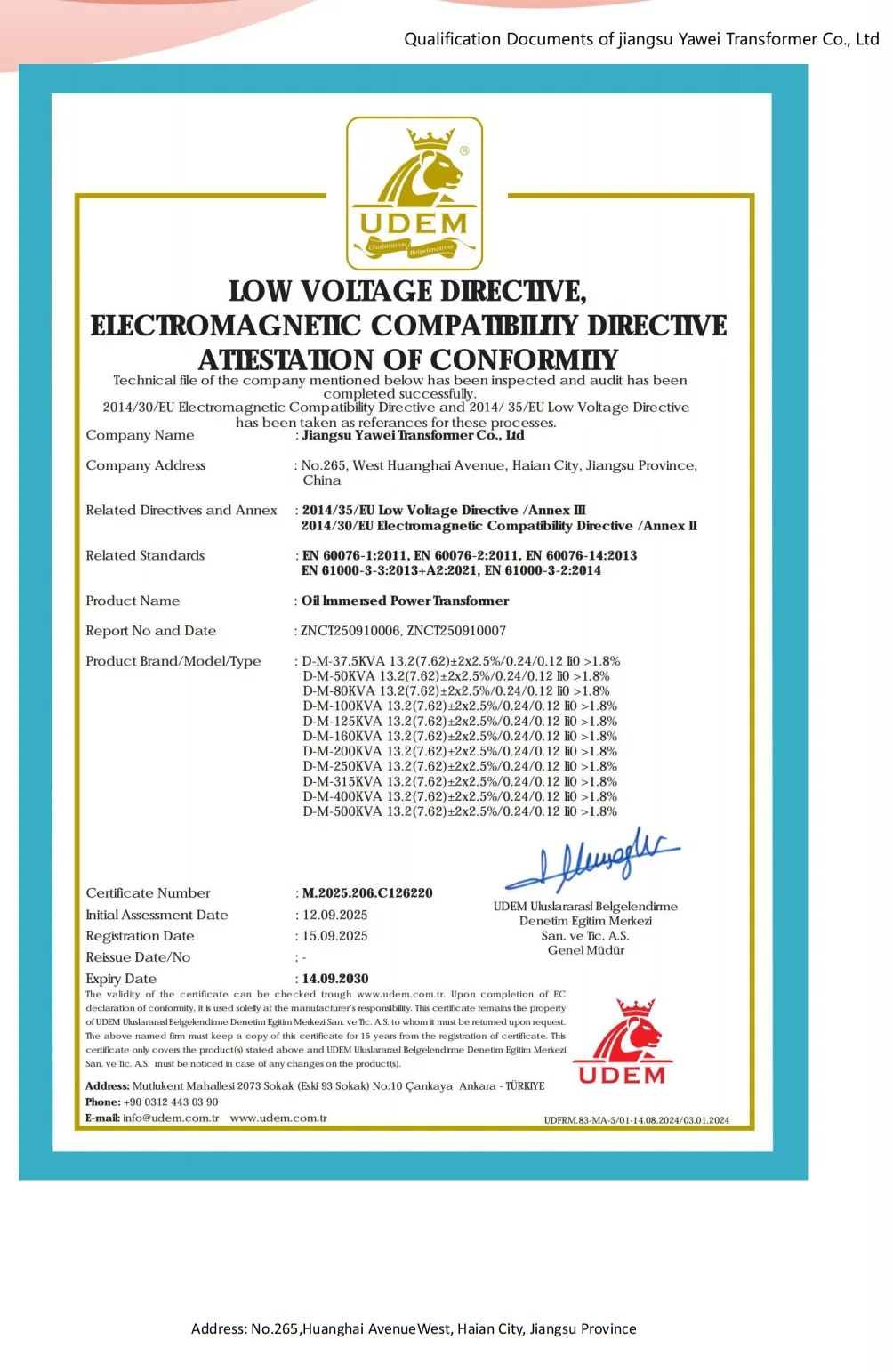Yawei oil immersed distribution transformer LVD and EMC attestation for D-M series distribution transformer models