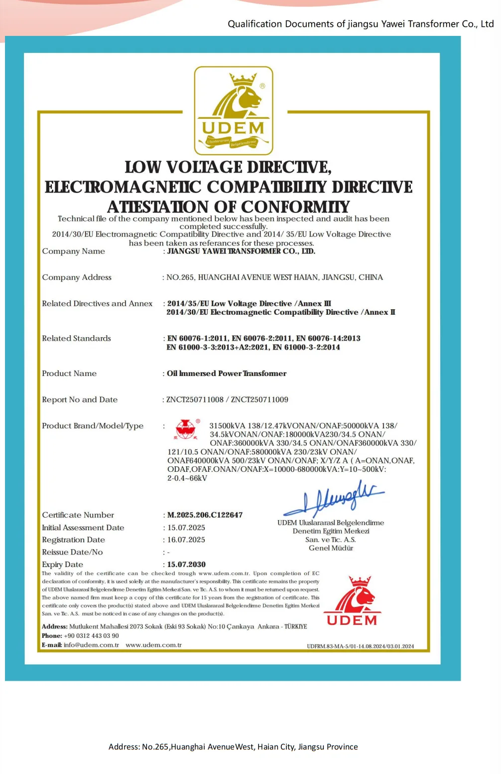 Yawei oil immersed power transformer LVD and EMC attestation for large capacity power transformer document review