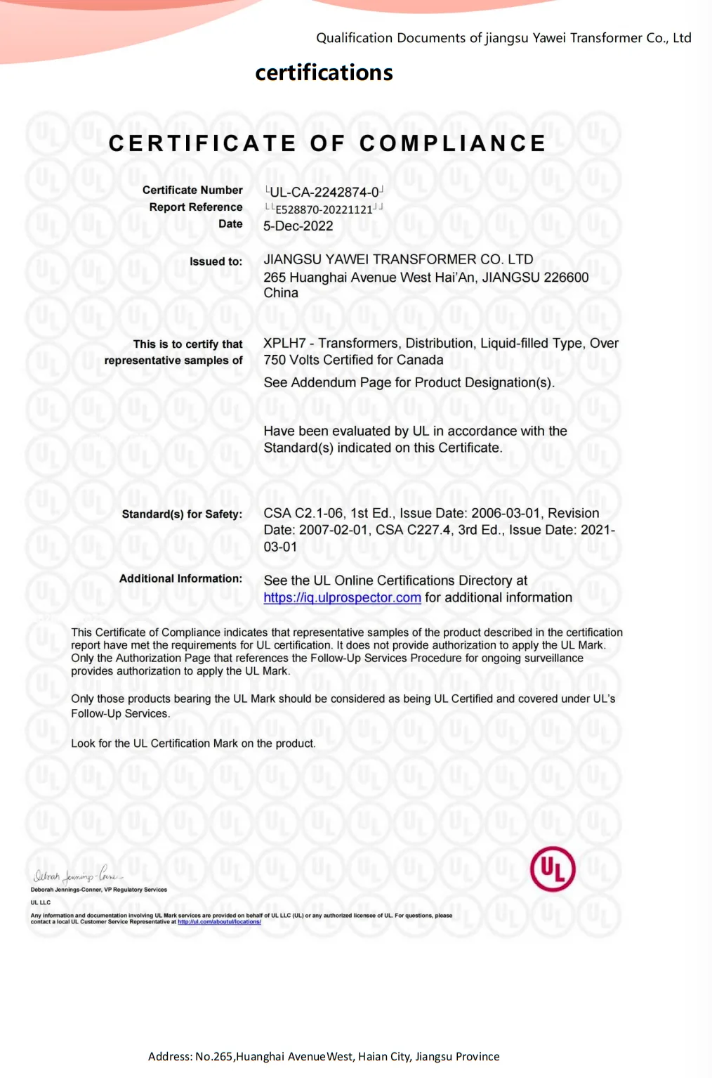 Yawei UL Canada certificate of compliance for liquid filled distribution transformers certificate LUL-CA-2242874
