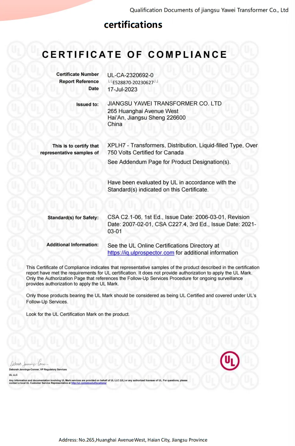 Yawei UL Canada certificate of compliance for liquid filled distribution transformers certificate LUL-CA-2320692