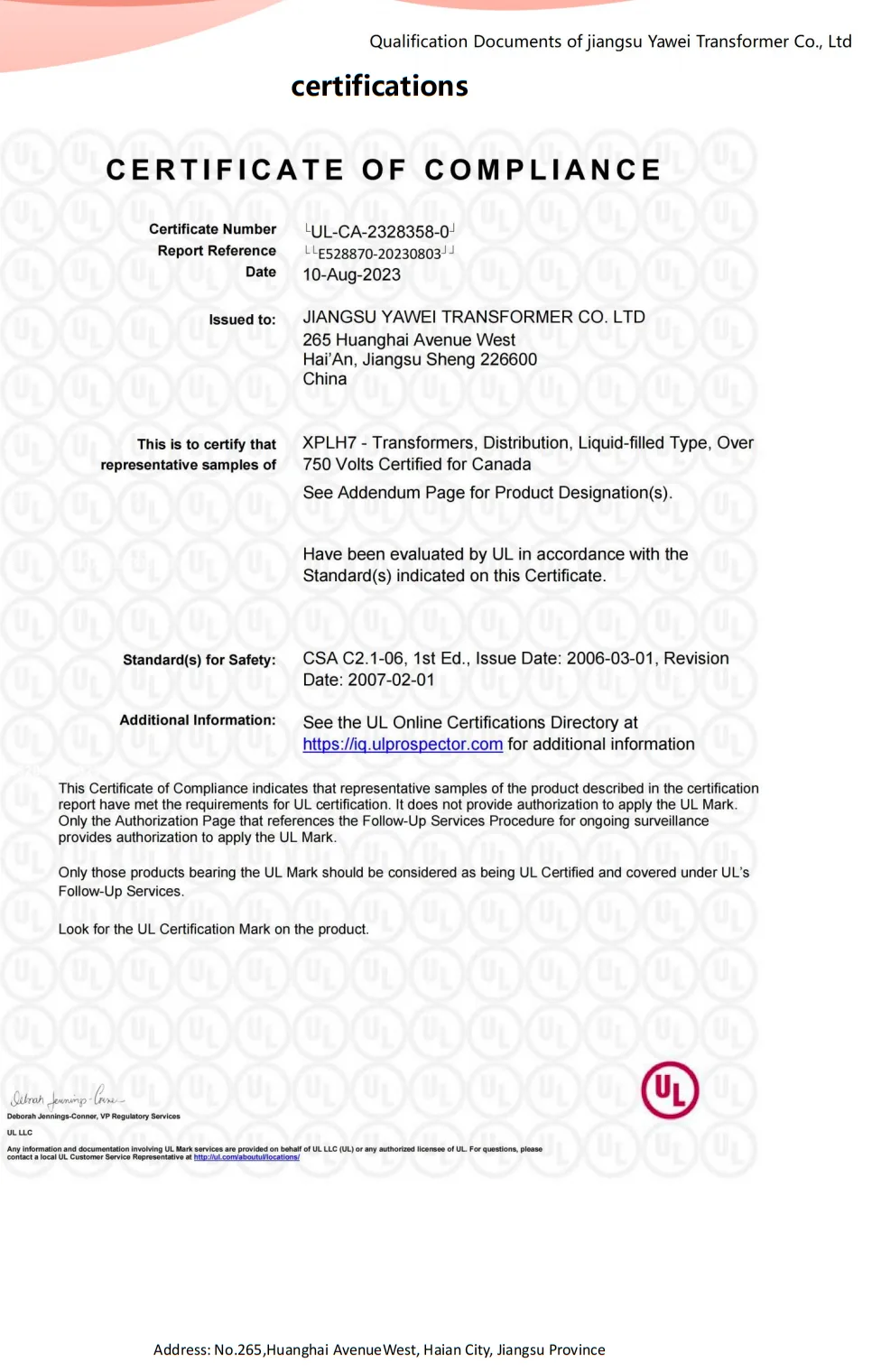 Yawei UL Canada certificate of compliance for liquid filled distribution transformers certificate LUL-CA-2328358